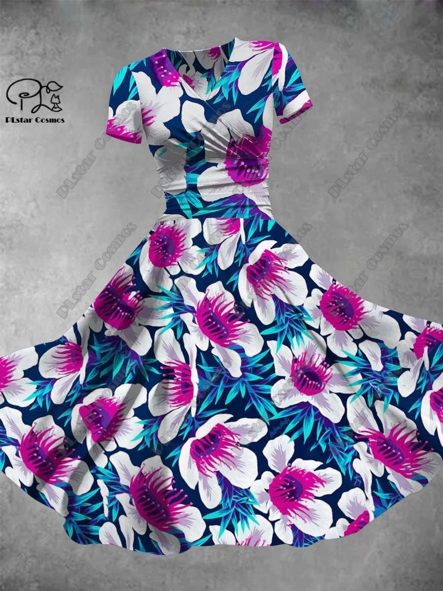 Women's Floral V-Neck Fit & Flare Dress – Short Sleeve A-Line Midi Dress, Sizes S-3X 9 Bazaare Mart Short Sleeve Printed Surplice Dresses