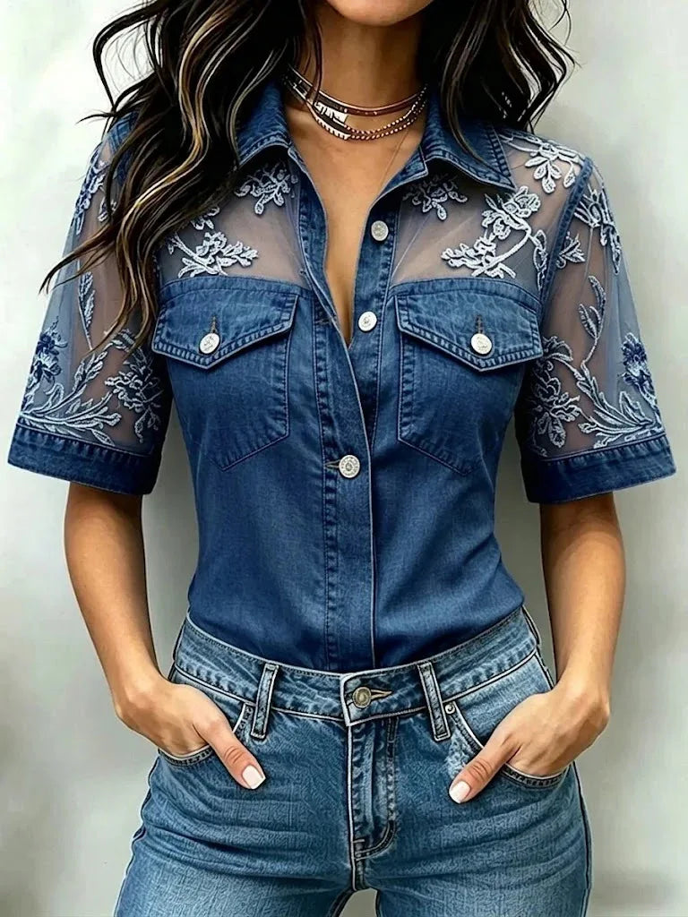 Denim Shirt with Sheer Floral Embroidered Mesh Sleeves