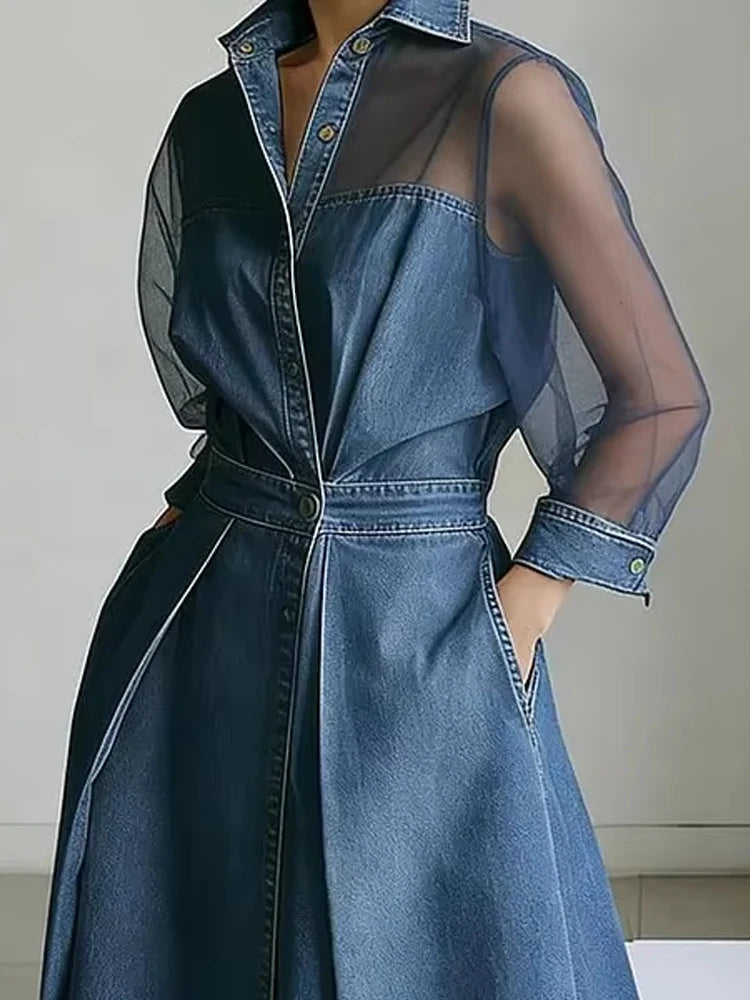 Denim Midi Dress with Sheer Mesh Sleeves