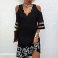 Summer Cold-Shoulder V Neck Stripe Mesh Sleeve Dress Scalloped Bazaare Mart Black V-Neck Dress