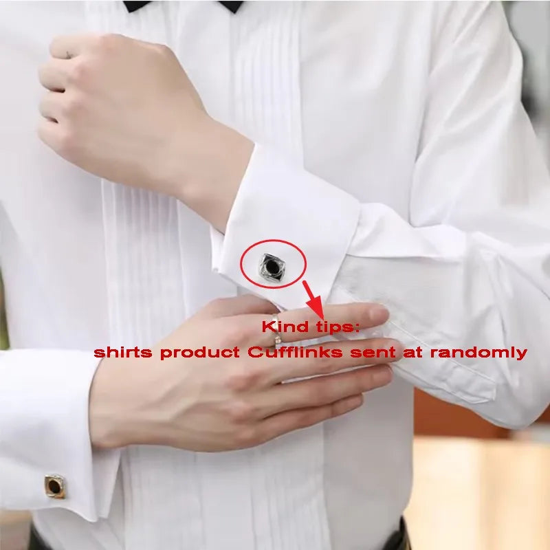 Close-up of a person wearing a white shirt with cufflinks, with text indicating product randomness.