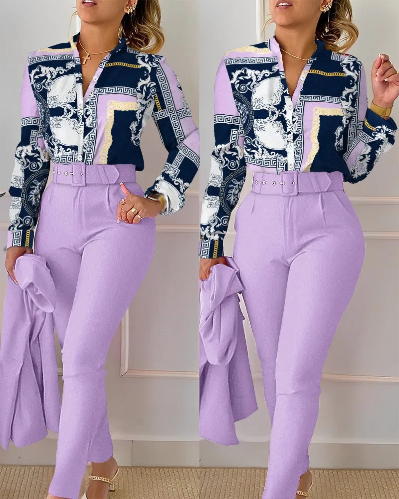 Print Long Sleeve Shirt Matching Pants Sets With Belt