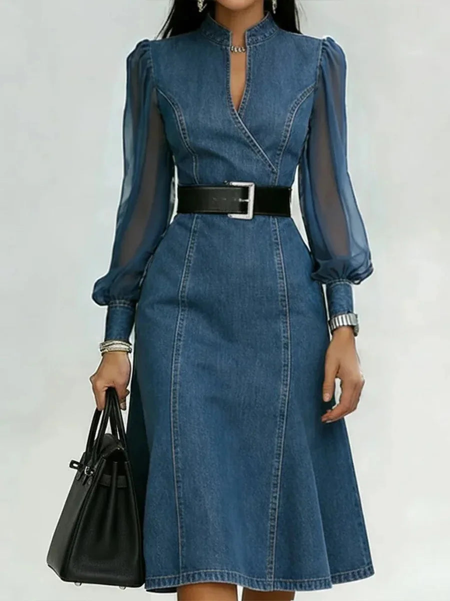 Sheer Long Sleeve V-Neck Slimming Denim Waist-Cinching with Belt Dress