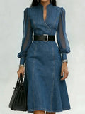 Sheer Long Sleeve V-Neck Slimming Denim Waist-Cinching with Belt Dress