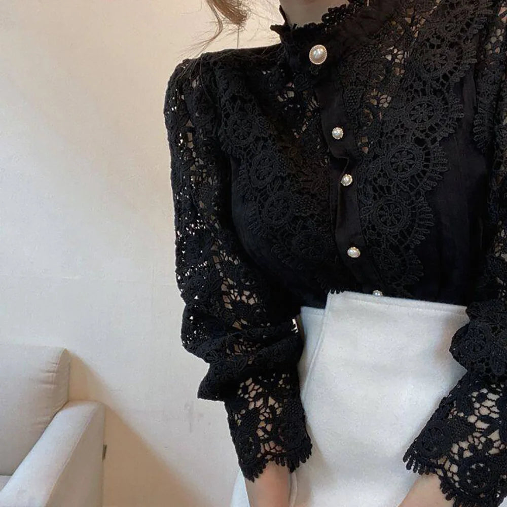 Vintage Lace Long Sleeve Pearl Button Blouse