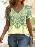 Women's Retro Paisley Print V-neck Short Sleeve Top Yellow Bazaare Mart Paisley V-Neck Top