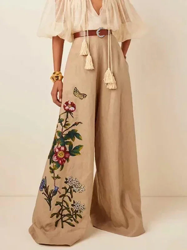 Women's Floral Embroidered Wide Leg High Waist Belted Khaki Slacks