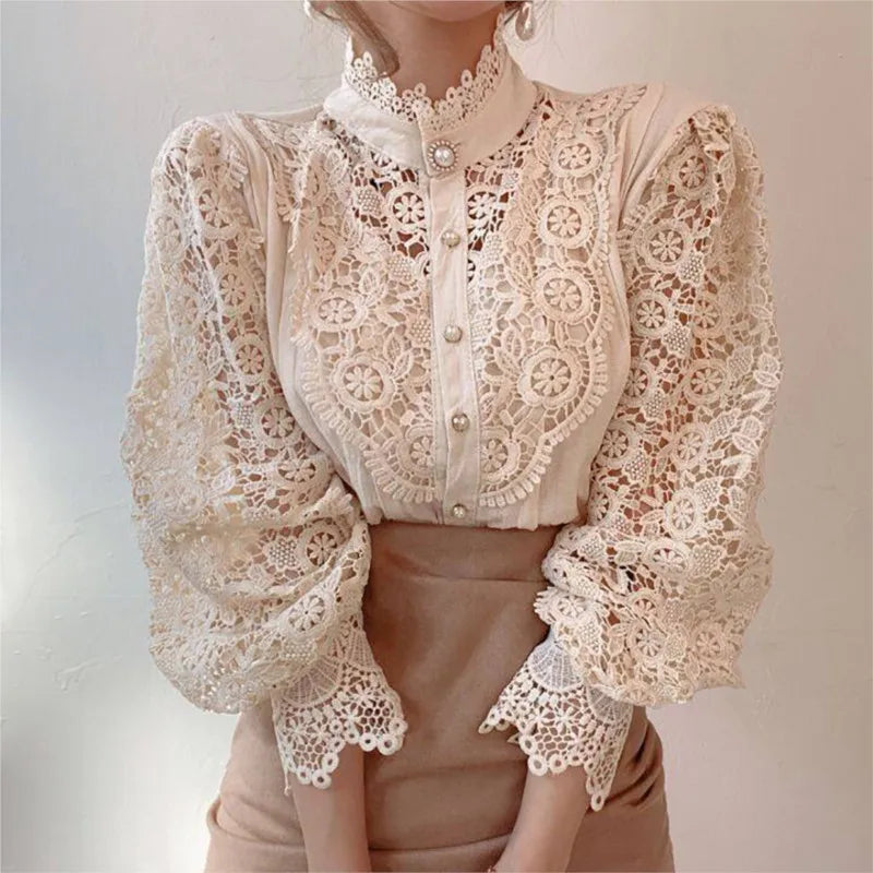 Vintage Lace Long Sleeve Pearl Button Blouse