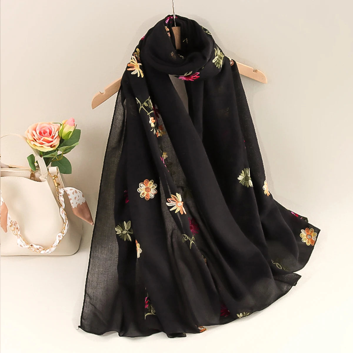 Women’s Cotton Linen Style Embroidered Scarf Shawl – Lightweight Floral Travel Wrap black Bazaare Mart Silk Scarf