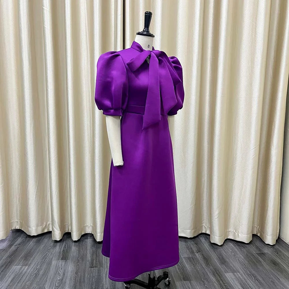 Elegant Solid Color Bow Short Puff Sleeve Full Skirt Midi Dress