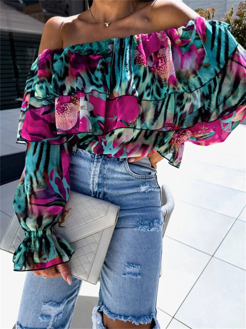 Women Off Shoulder Ruffle Blouse Long Sleeve Floral Print Sheer Chiffon Top Tiered Layered Design Fashion Casual Summer Blouse Bazaare Mart