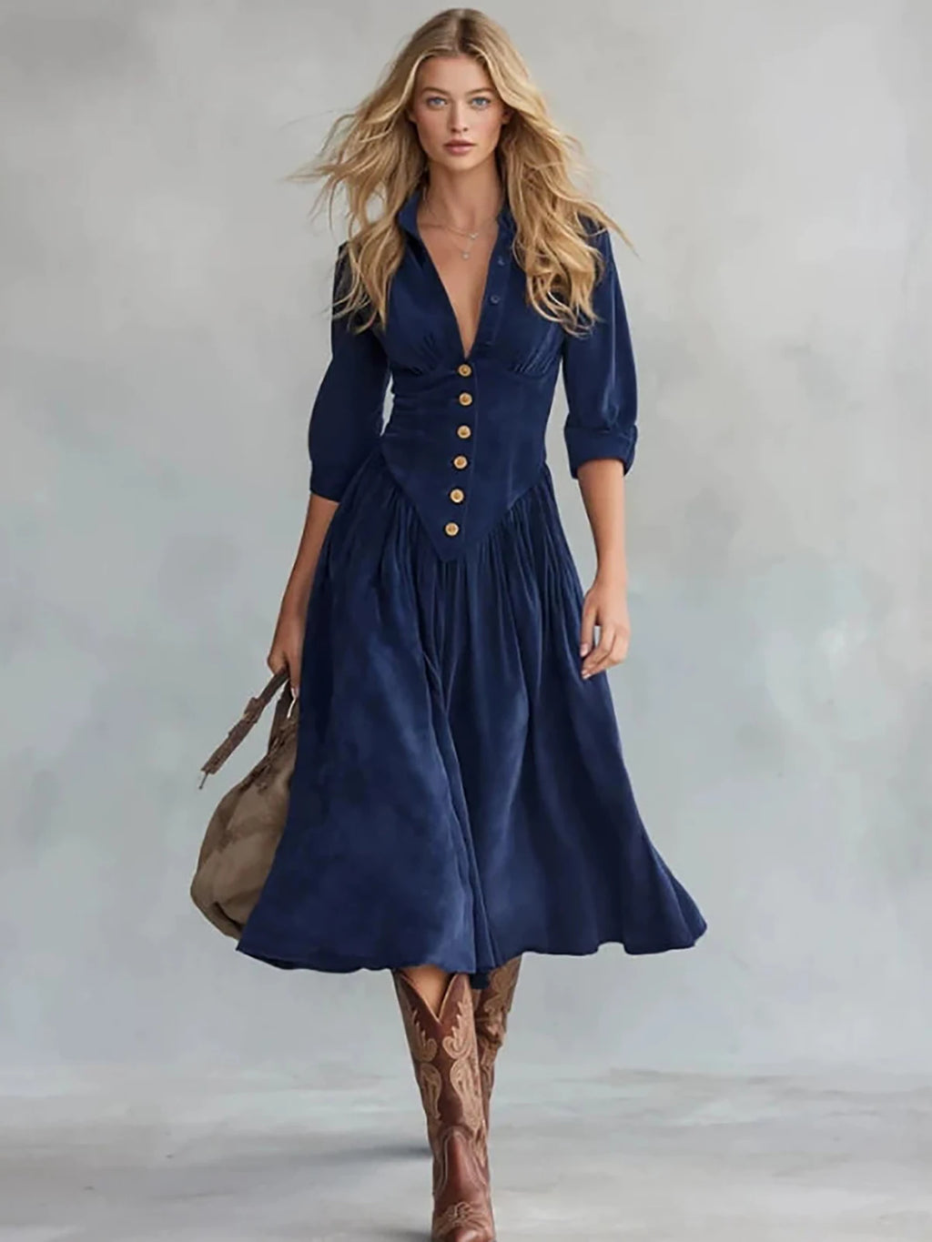 Navy Corduroy 3/4 Sleeve V-Neck Gold Button Midi Dress