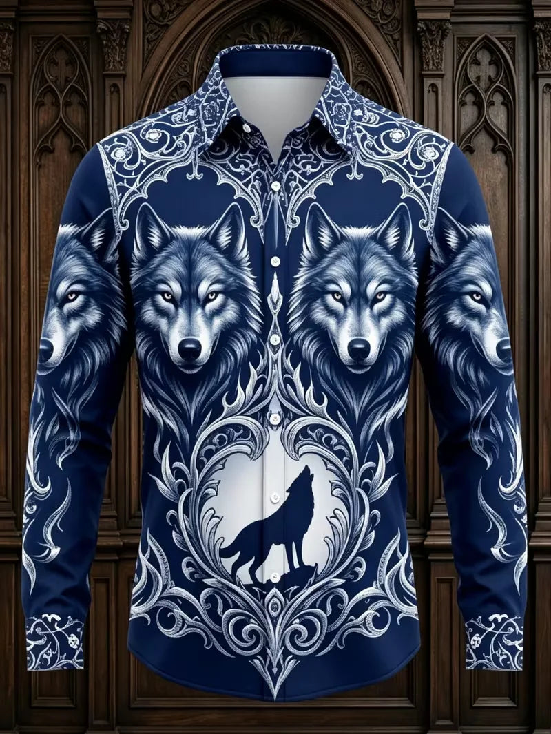 A long-sleeve button-up shirt with an all-over navy blue and white wolf graphic print, displayed on a mannequin torso against a dark wood panel background.