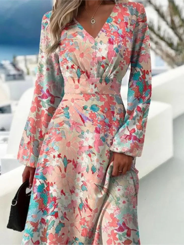 Slim Fit Printed V-neck Long Sleeve Dress Bazaare Mart Long Sleeve Midi Dress
