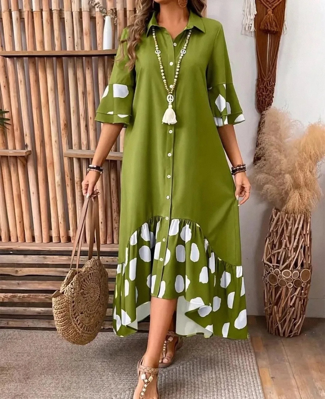 Women's Polka Dot Shirt Dress – Button Front Midi Dress with Flare Sleeves Bazaare Mart Half Sleeve Midi Shirt Dress