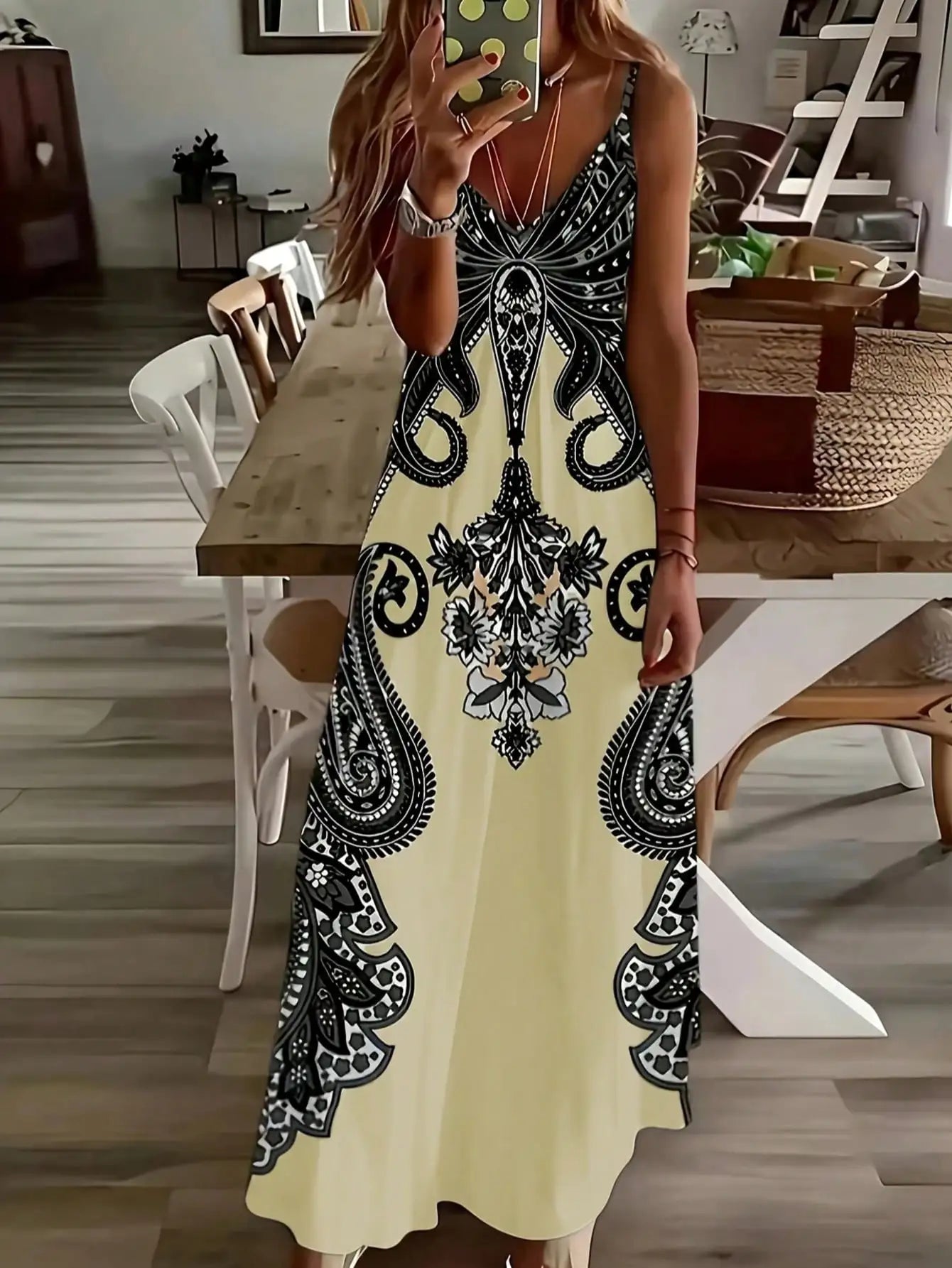 Bohemian Floral Maxi Dress – Elegant V-Neck Vacation Sundress for Women Pale Yellow Bazaare Mart Sleeveless Maxi Dress