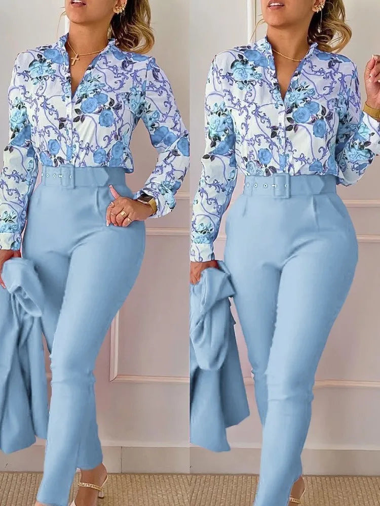 Print Long Sleeve Shirt Matching Pants Sets With Belt