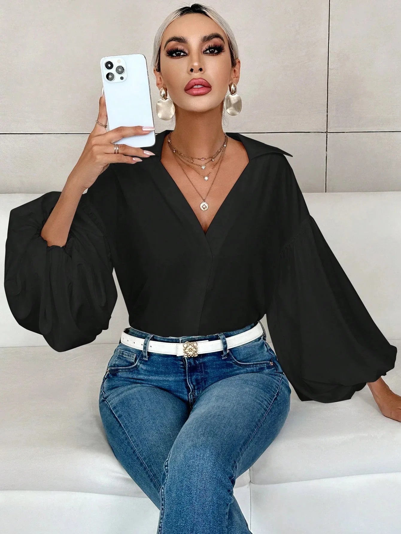 Boho Women's Blouses Spring Fall New Fashion French Polka Dot Half-neck Design Loose Puff Long-sleeve Top Casual Shirts Women Bazaare Mart