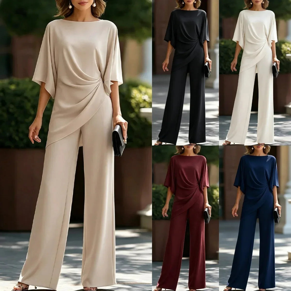 Draped Two-Piece Pants Set with Cape Sleeves and Wide-Leg Pants