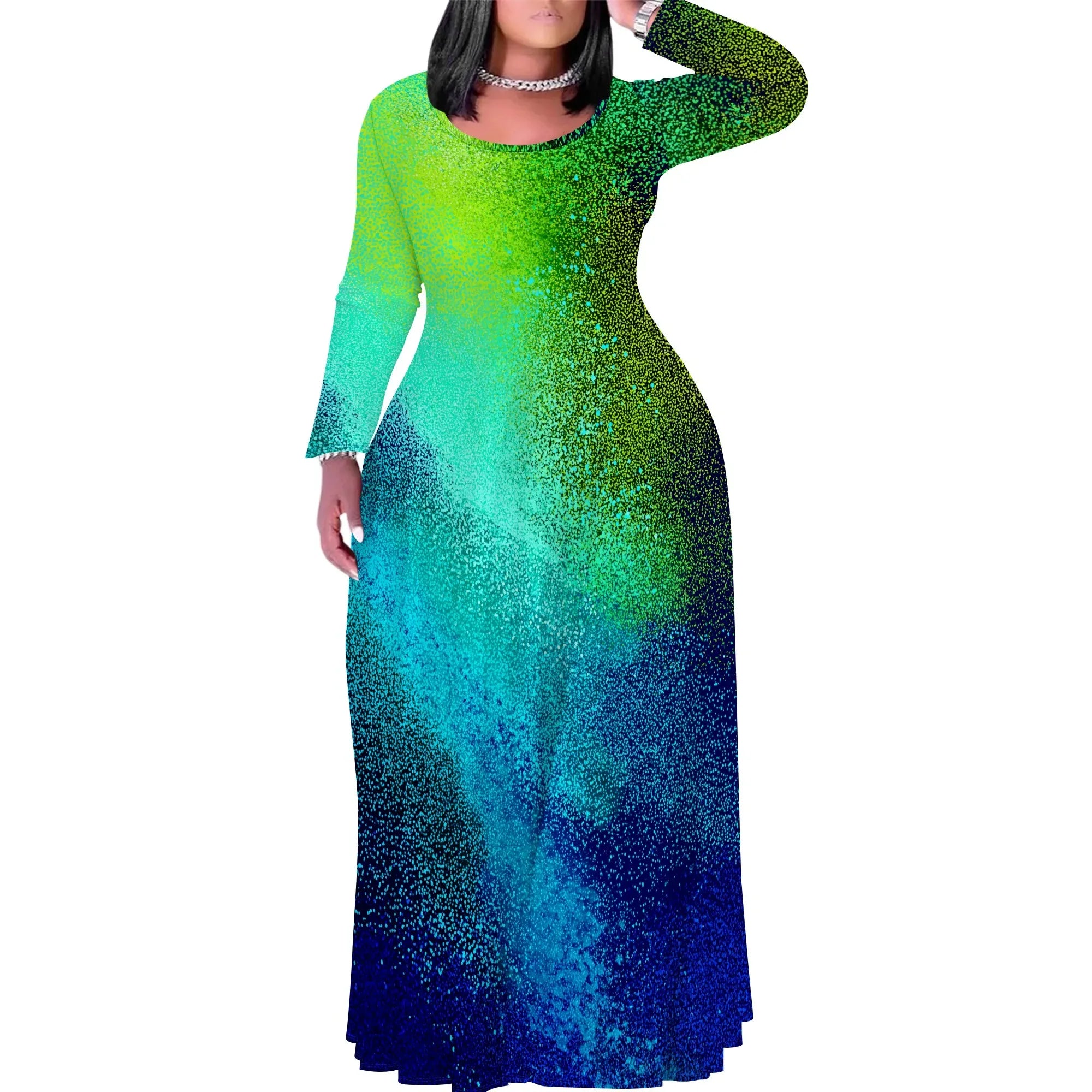Tie Dye Print Scoop Neck Long Sleeve Maxi Dress Pattern-7 CHINA Bazaare Mart Tie Dye Print Scoop Neck Long Sleeve Maxi Dress