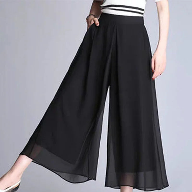Elegant Solid Color Loose Elastic High Waist Folds Ruffles Capris Women's New Office Lady Commute Irregular Casual Pants Bazaare Mart