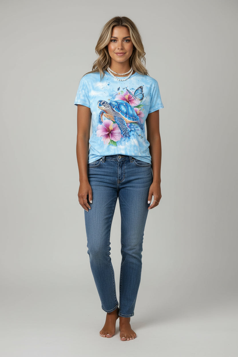 Light Blue Women's Tee - Blue Turtle & Hibiscus Graphic, Tropical Beach Print Design for Casual Daily Wear TX-WMYZ-256 Bazaare Mart