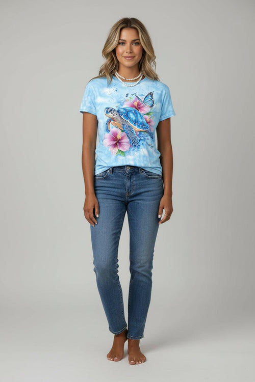 Blue Turtle & Hibiscus Graphic T-Shirt TX-WMYZ-256 Bazaare Mart Graphic Tees