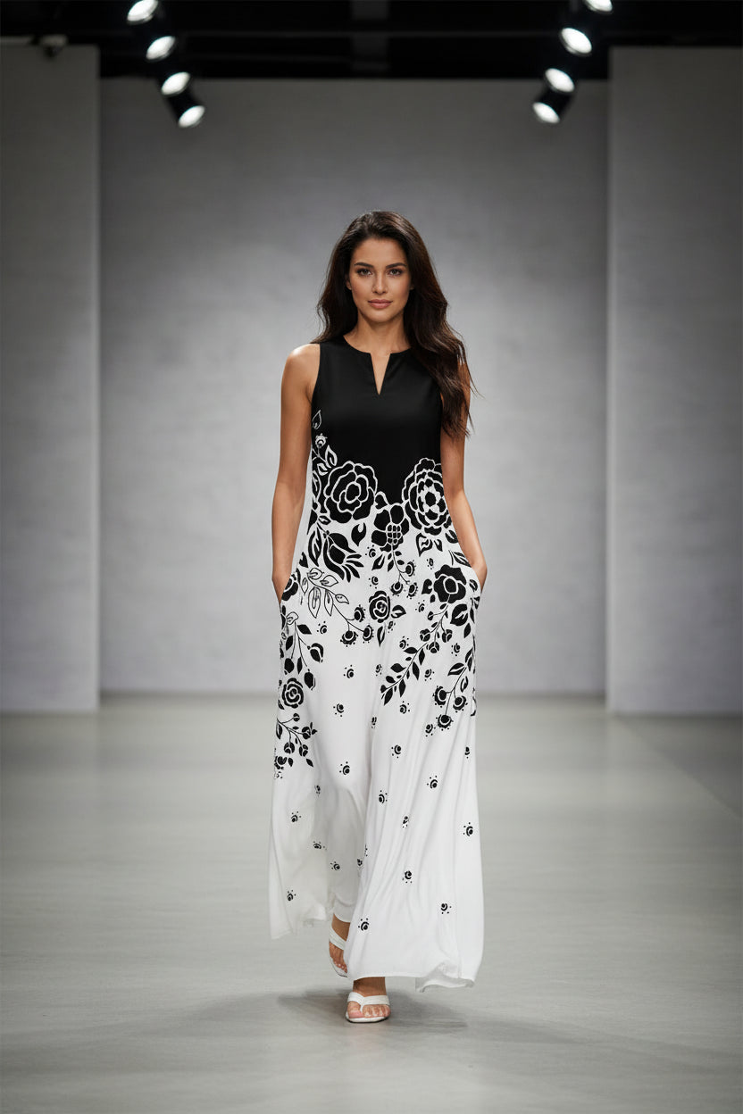 Women's Sleeveless Floral Maxi Dress with Pockets – Casual V-Neck Summer Beach Dress Black & White Floral China Mainland Bazaare Mart Floral Maxi Dresses