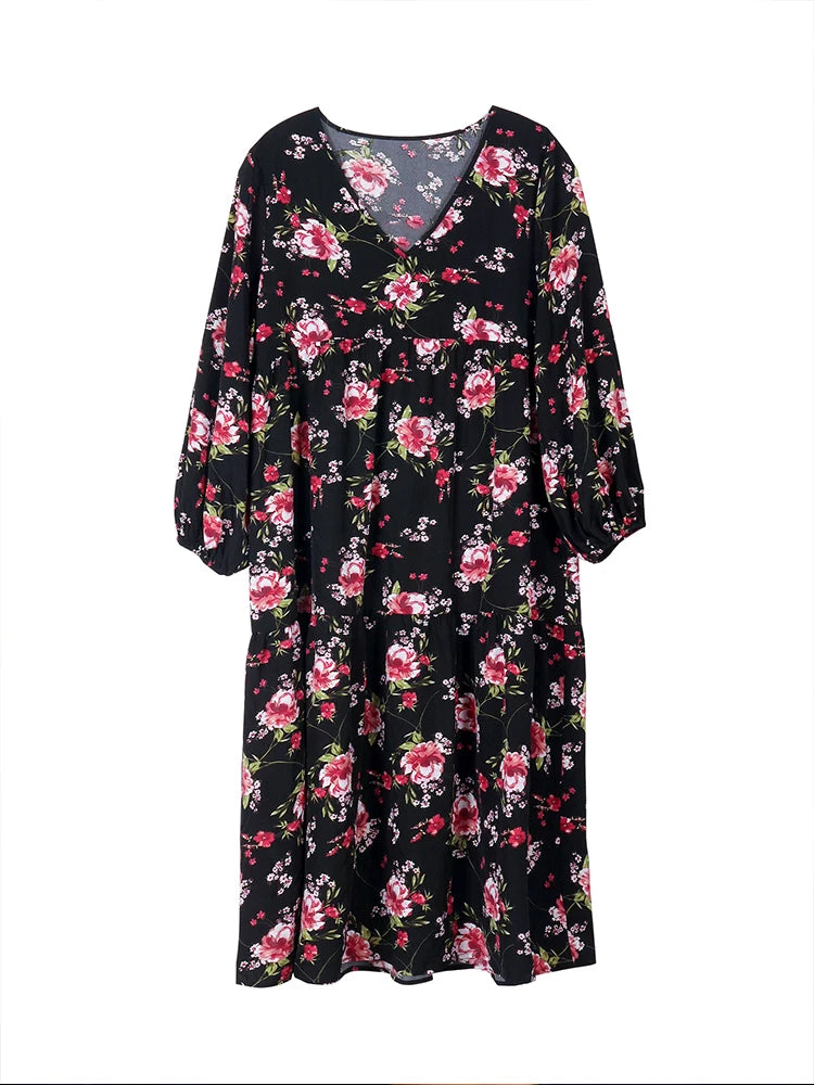 Elegant Black Floral V-Neck Long Sleeve Midi Dress black Bazaare Mart Elegant Black Floral V-Neck Long Sleeve Midi Dress
