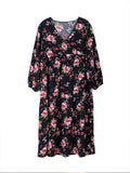 Elegant Black Floral V-Neck Long Sleeve Midi Dress black Bazaare Mart Elegant Black Floral V-Neck Long Sleeve Midi Dress