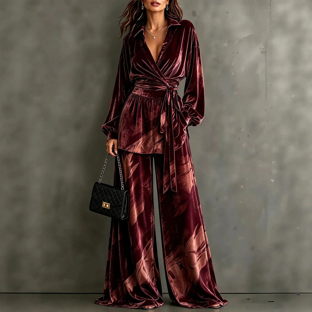 Women's Retro Velvet Two-Piece Set – V-Neck Top & Wide-Leg Pants