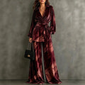 Women's Retro Velvet Two-Piece Set – V-Neck Top & Wide-Leg Pants