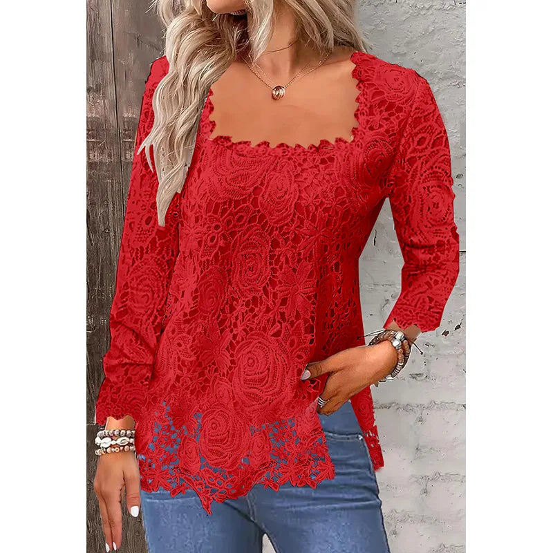 U Collar Long Sleeve Lace Loose T-shirts Summer Women Lace Patchwork Hollow Out Baggy Tee Shirt Tops MYH-myh221 Bazaare Mart