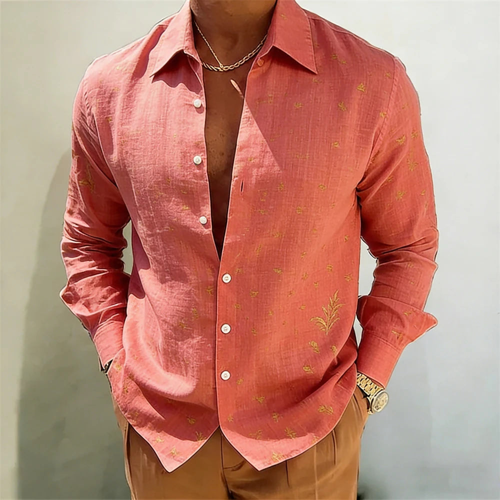 Men's Gold Baroque Print Button-Up Shirt – Long Sleeve Statement Shirt