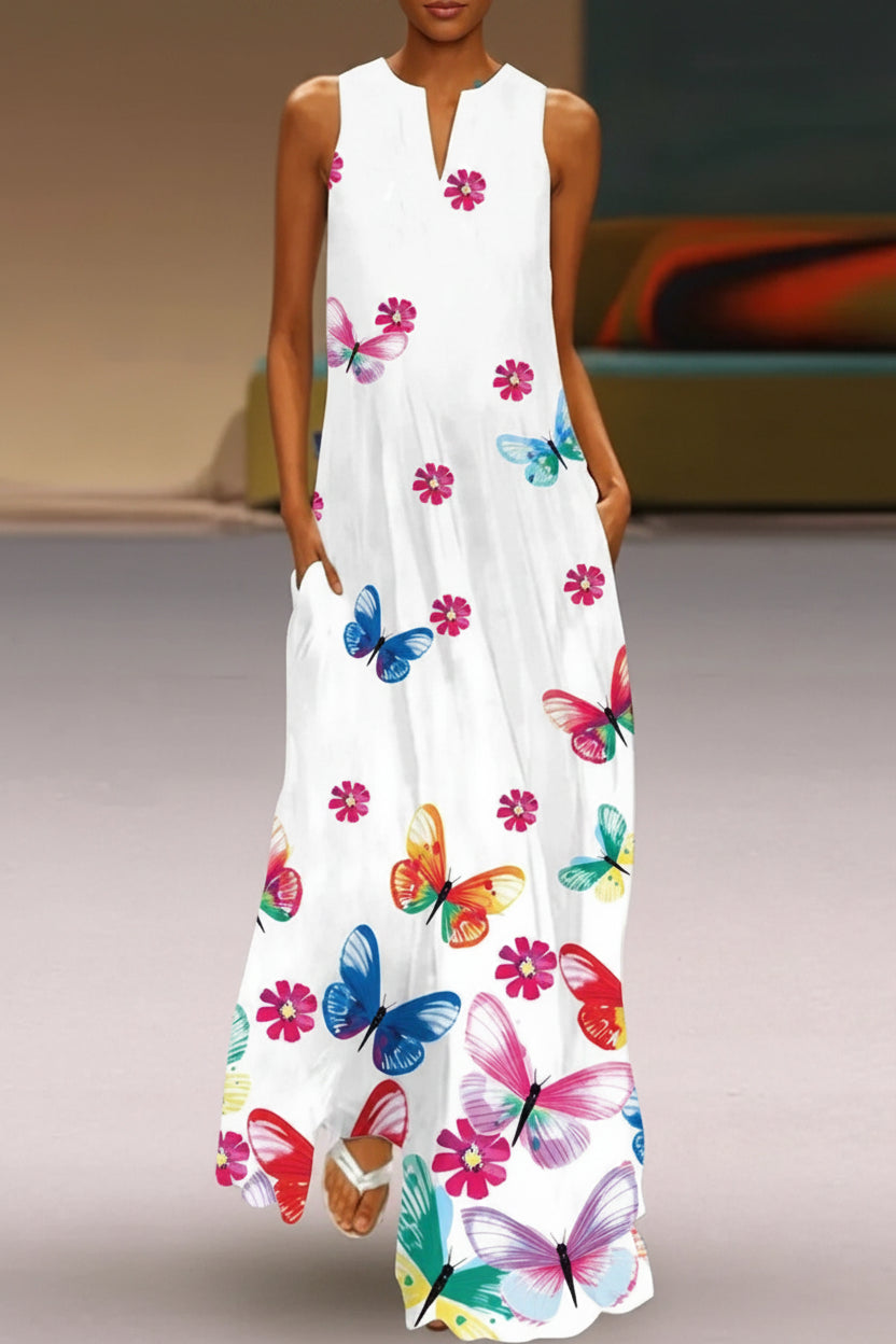 Women's Sleeveless Floral Maxi Dress with Pockets – Casual V-Neck Summer Beach Dress Butterflies China Mainland Bazaare Mart Floral Maxi Dresses