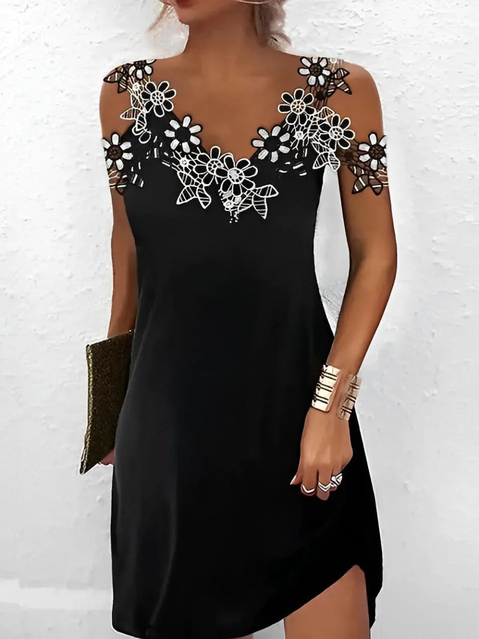 Women's Lace Cold Shoulder Summer Dress | Elegant V-Neck A-Line Sleeveless Dress Bazaare Mart Summer Dress