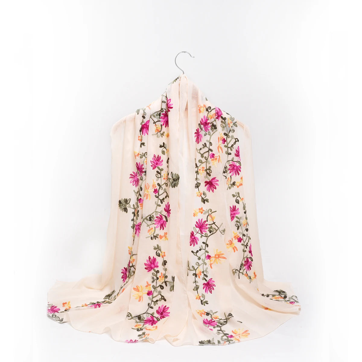 Women’s Cotton Linen Style Embroidered Scarf Shawl – Lightweight Floral Travel Wrap Beige Bazaare Mart Silk Scarf