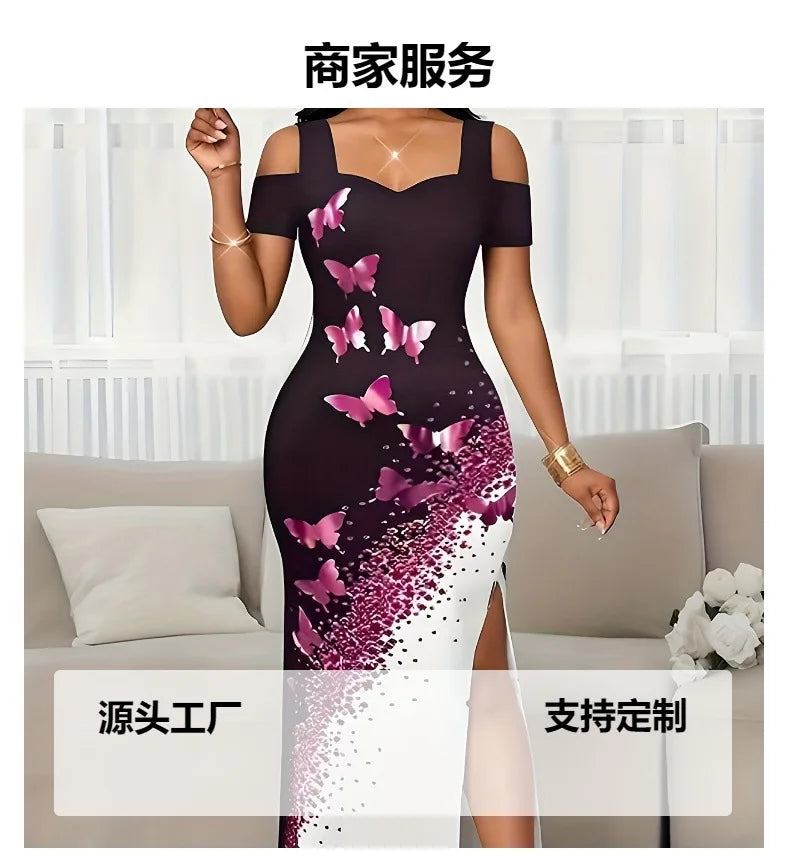 Summer Long Dress Elegant Fashionable Slim-fitting Printed Commuting Style V-neck Off-shoulder Slit Mid-waist Sleeveless Dresses Bazaare Mart