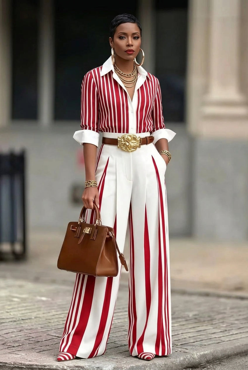 Striped Two-Piece Set – Button-Up Shirt & Wide-Leg Pants