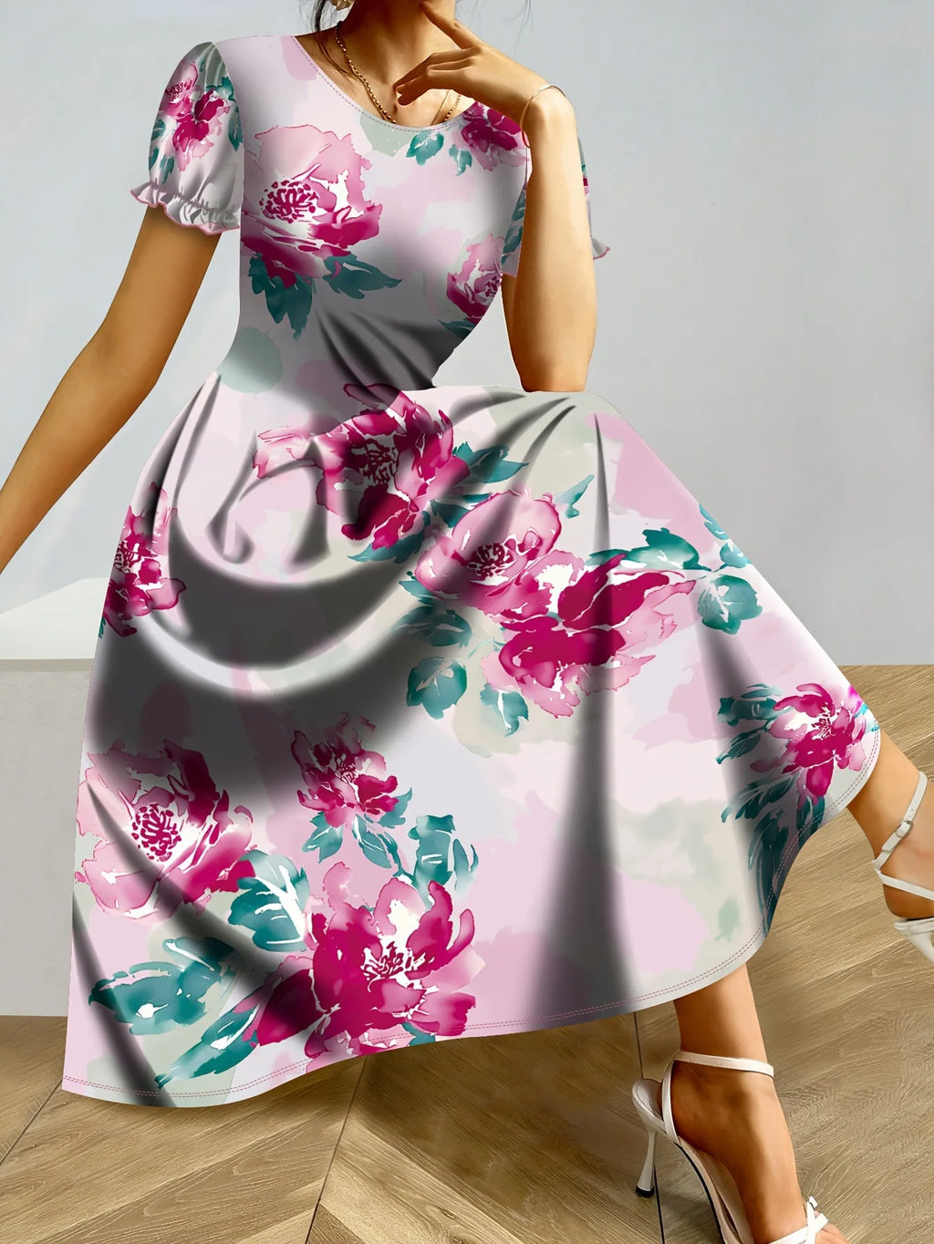 Short Sleeve Floral Midi Dress