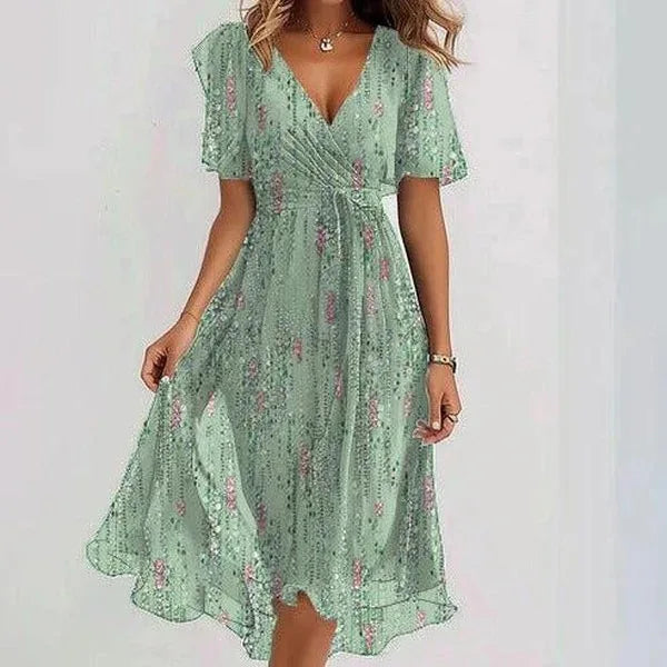 Elegant Floral Surplice Midi Dress Green Flower 5 Bazaare Mart Surplice Midi Dress