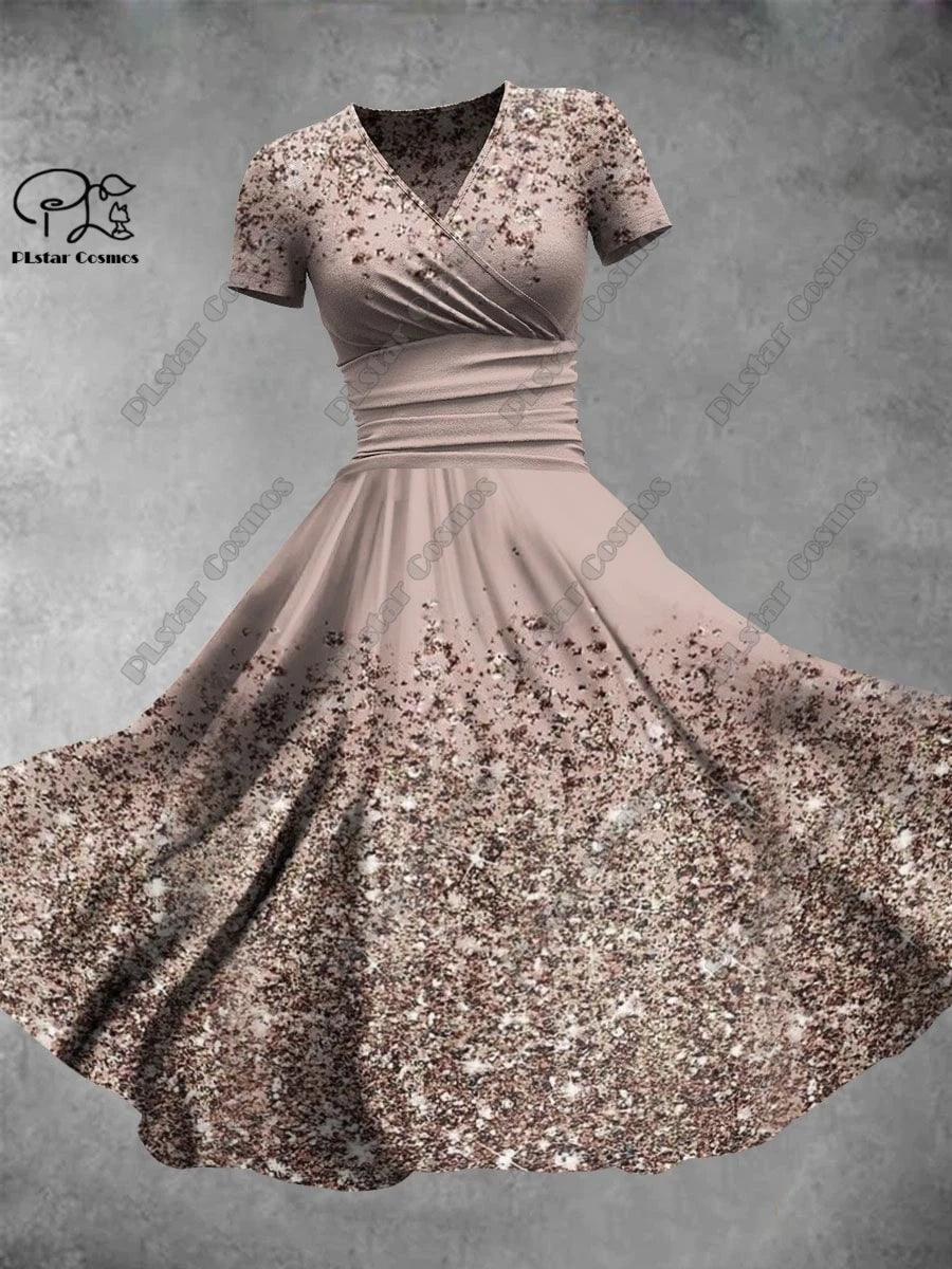 3D printed floral skirt Valentine's Day series printed V-neck short-sleeved dress A-line long skirt casual and fashionable -5 7 Bazaare Mart