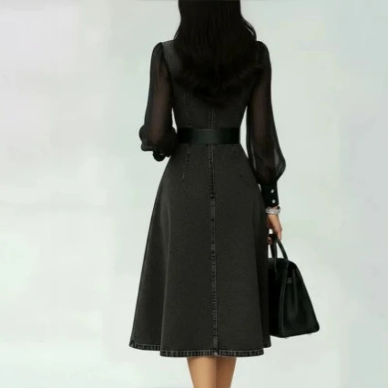 Sheer Long Sleeve V-Neck Slimming Denim Waist-Cinching with Belt Dress