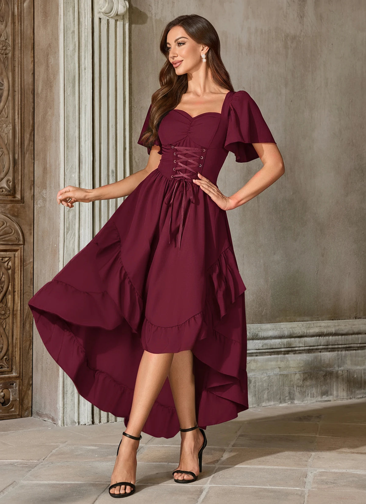 Burgundy High-Low Renaissance Dress with Corset-Style Bodice