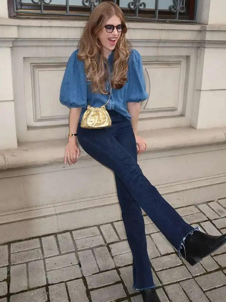 Denim Puff Sleeve Shirt & Wide Leg Jeans