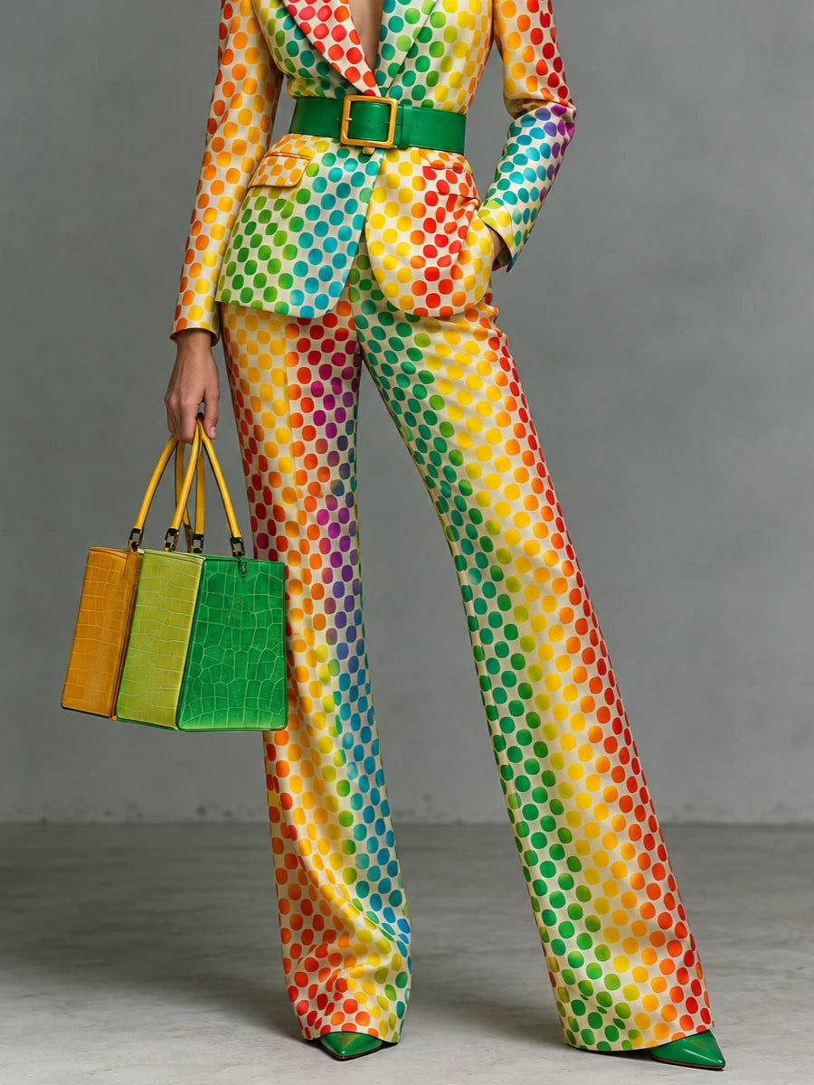 Rainbow Polka Dot Wide-Leg Pants – High-Waisted Statement Pants
