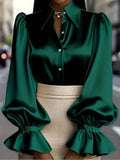 Fancy Satin Ruffled Cuff Long Puffed Sleeves Green Bazaare Mart Long Sleeve Button Up Blouse