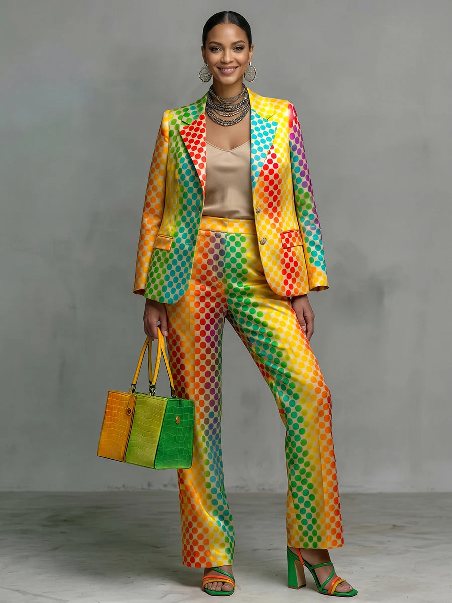 Rainbow Polka Dot Wide-Leg Pants – High-Waisted Statement Pants