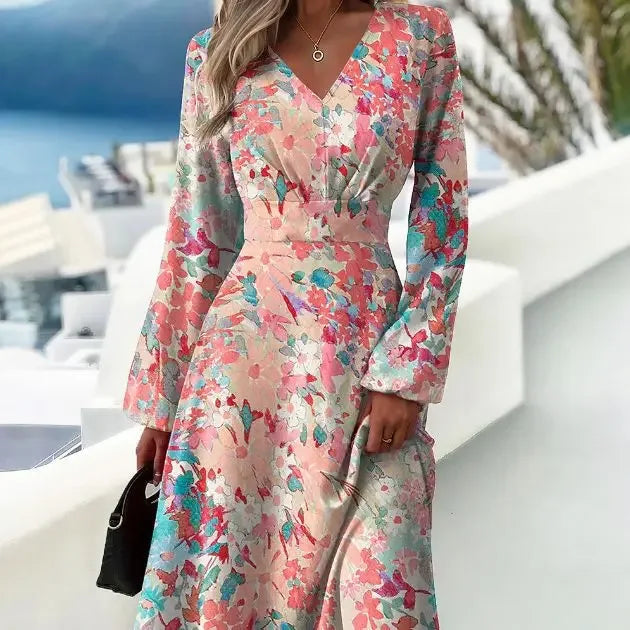 Slim Fit Printed V-neck Long Sleeve Dress Pink Bazaare Mart Long Sleeve Midi Dress