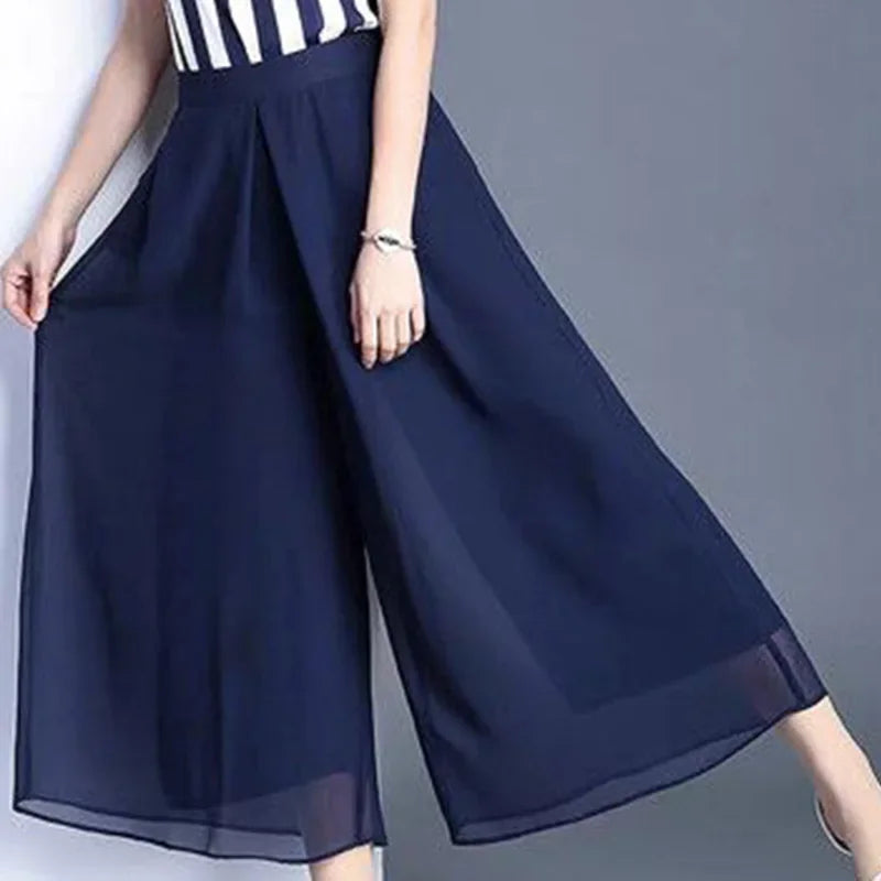 Elegant Solid Color Loose Elastic High Waist Folds Ruffles Capris Women's New Office Lady Commute Irregular Casual Pants Bazaare Mart